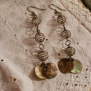 Green Shell and Wire Sphere Drop Earrings